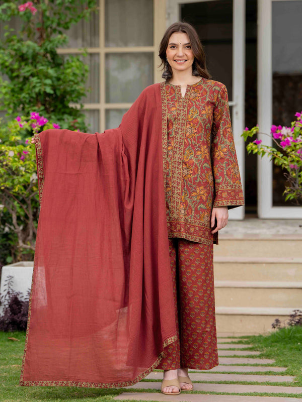 Maroon Pure Cotton Printed Round Neck Full Sleeves Hip Length Straight Kurta Pant And Dupatta Set