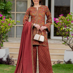 Maroon Pure Cotton Printed Round Neck Full Sleeves Hip Length Straight Kurta Pant And Dupatta Set