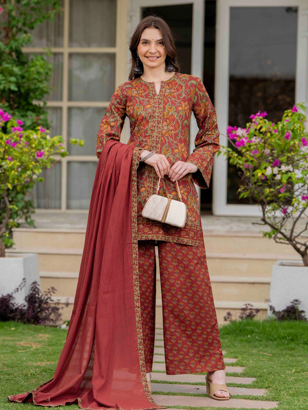 Maroon Pure Cotton Printed Round Neck Full Sleeves Hip Length Straight Kurta Pant And Dupatta Set