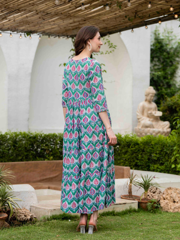 Pine Green Cotton Printed V-Neck 3/4 Sleeves Calf Length Flared Dress