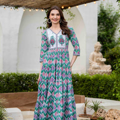 Pine Green Cotton Printed V-Neck 3/4 Sleeves Calf Length Flared Dress