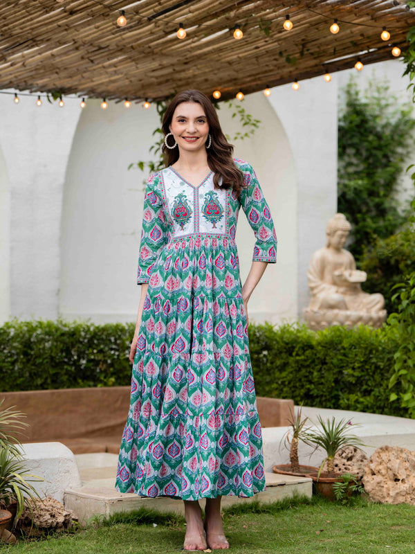 Pine Green Cotton Printed V-Neck 3/4 Sleeves Calf Length Flared Dress
