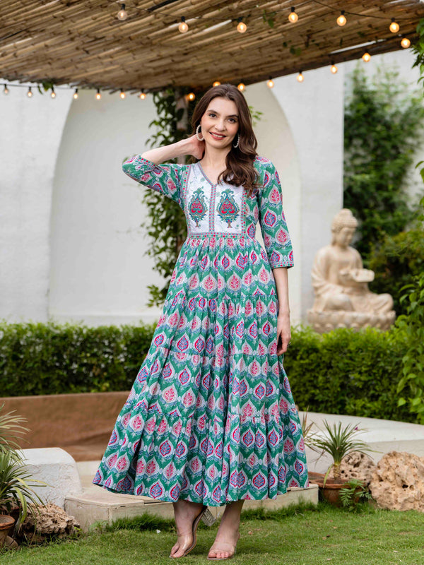 Pine Green Cotton Printed V-Neck 3/4 Sleeves Calf Length Flared Dress