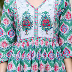 Pine Green Cotton Printed V-Neck 3/4 Sleeves Calf Length Flared Dress