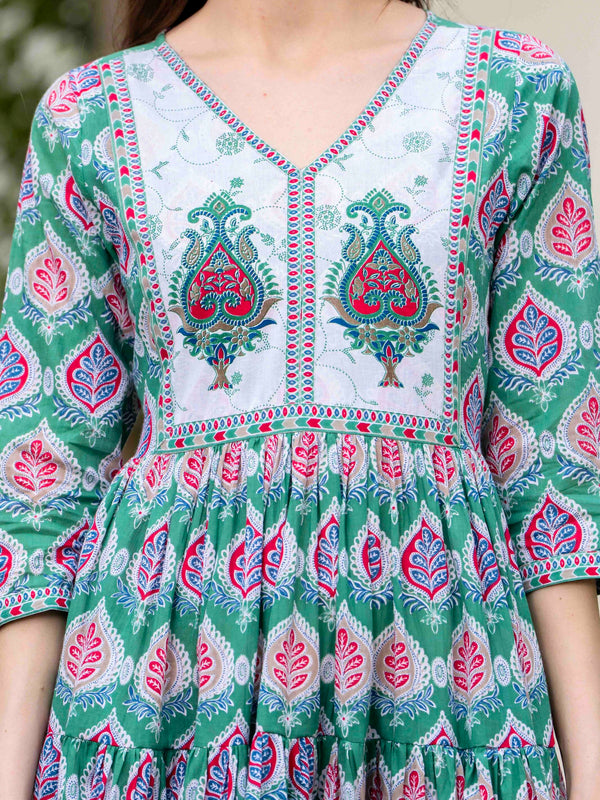 Pine Green Cotton Printed V-Neck 3/4 Sleeves Calf Length Flared Dress