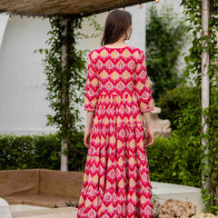 Pink Cotton Printed V-Neck 3/4 Sleeves Calf Length Flared Dress
