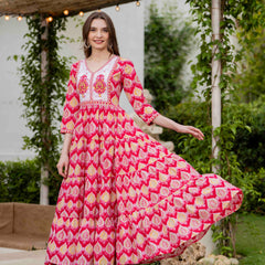 Pink Cotton Printed V-Neck 3/4 Sleeves Calf Length Flared Dress