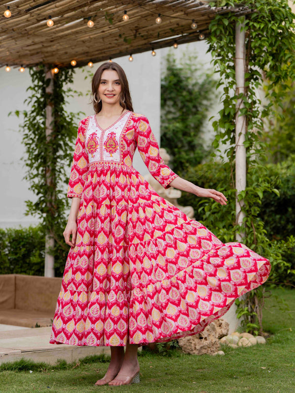 Pink Cotton Printed V-Neck 3/4 Sleeves Calf Length Flared Dress