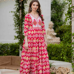 Pink Cotton Printed V-Neck 3/4 Sleeves Calf Length Flared Dress