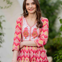 Pink Cotton Printed V-Neck 3/4 Sleeves Calf Length Flared Dress