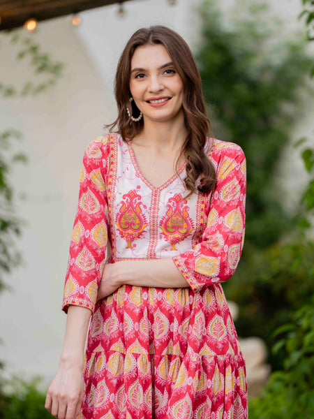 Pink Cotton Printed V-Neck 3/4 Sleeves Calf Length Flared Dress