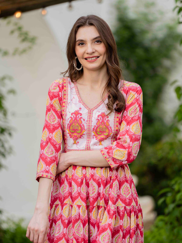 Pink Cotton Printed V-Neck 3/4 Sleeves Calf Length Flared Dress