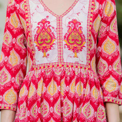 Pink Cotton Printed V-Neck 3/4 Sleeves Calf Length Flared Dress