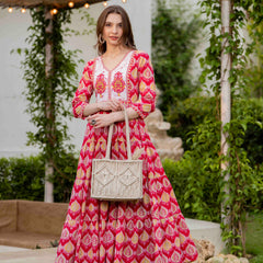 Pink Cotton Printed V-Neck 3/4 Sleeves Calf Length Flared Dress