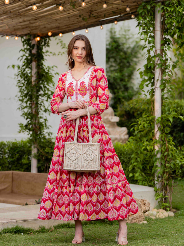 Pink Cotton Printed V-Neck 3/4 Sleeves Calf Length Flared Dress