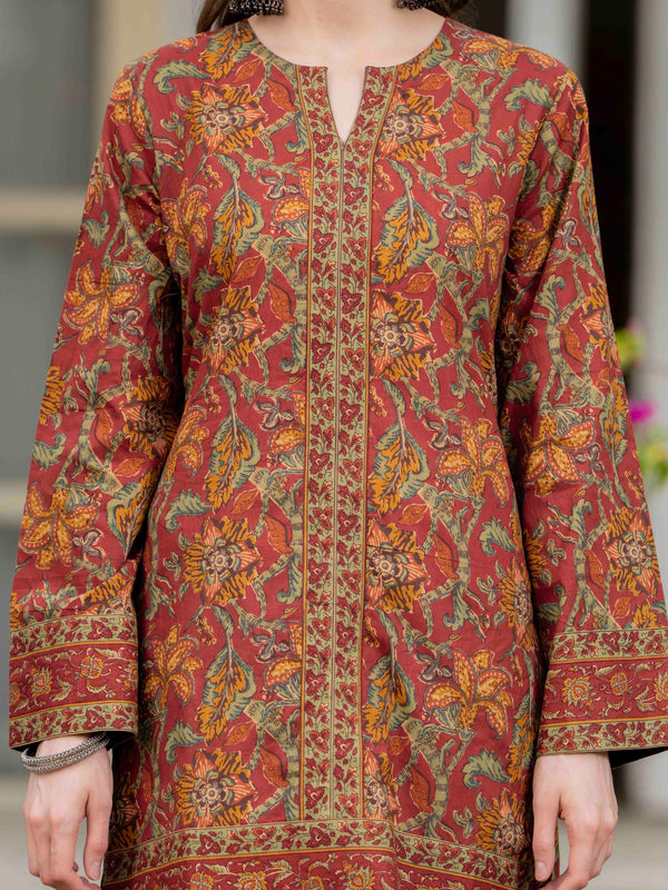 Maroon Pure Cotton Printed Round Neck Full Sleeves Hip Length Straight Kurta Pant And Dupatta Set