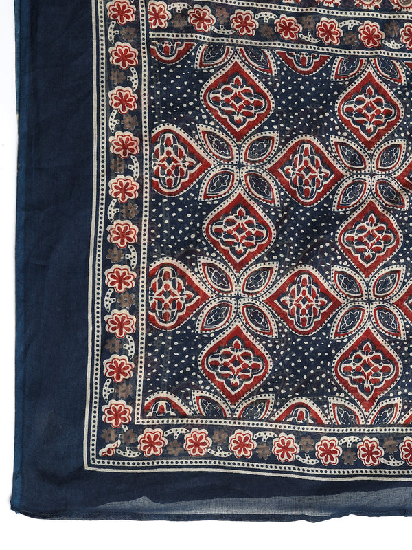 Navy Blue Pure Cotton Printed Round Neck Full Sleeves Calf Length Flared Kurta Pant And Dupatta Set Mizazjaipur