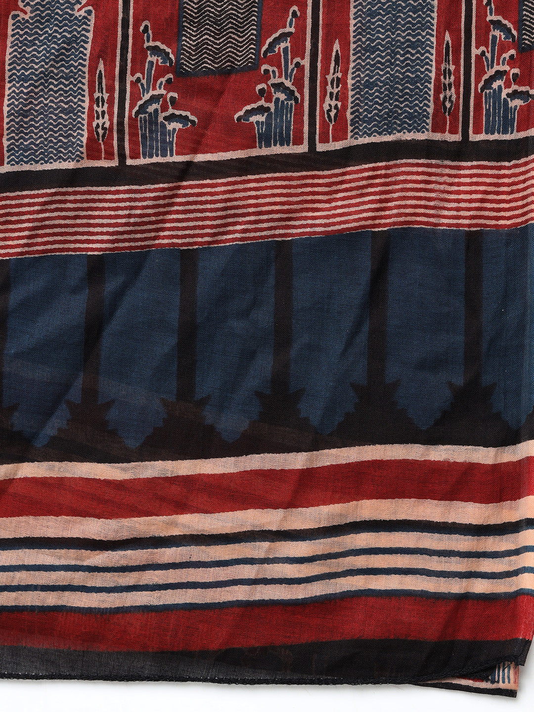 Blue Pure Cotton Printed Mirror Work V-Neck 3/4 Sleeves Calf Length Flared Kurta Pant And Dupatta Set Mizazjaipur