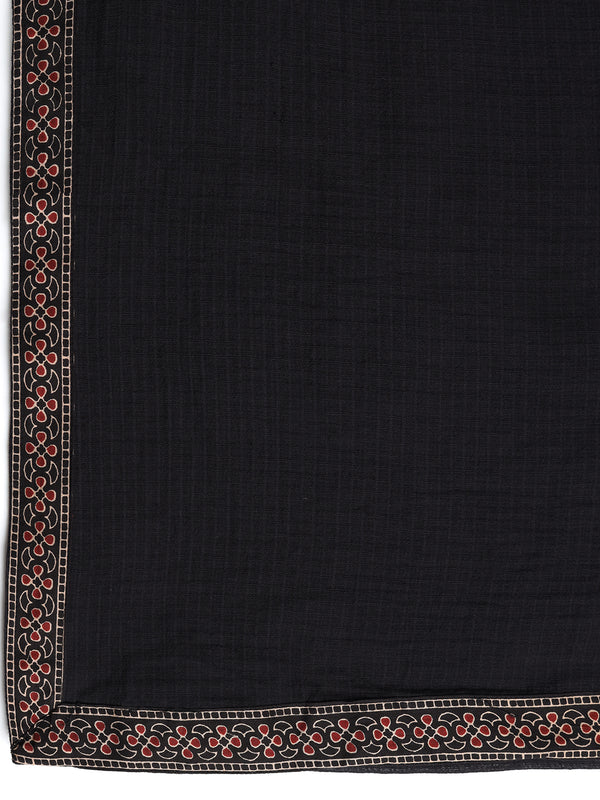 Black Pure Cotton Printed V-Neck 3/4 Sleeves Calf Length Flared Kurta Pant And Dupatta Set Mizazjaipur