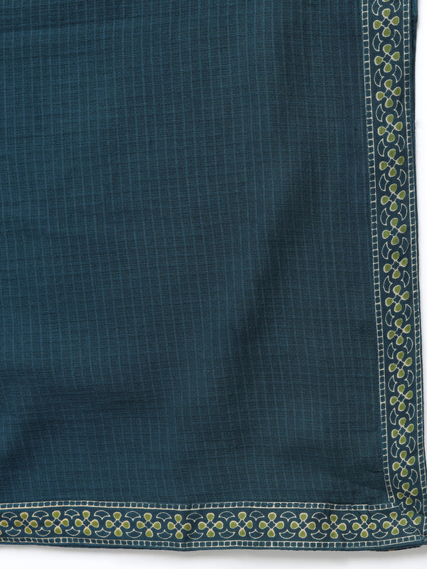Teal Blue Pure Cotton Printed V-Neck 3/4 Sleeves Calf Length Flared Kurta Pant And Dupatta Set Mizazjaipur