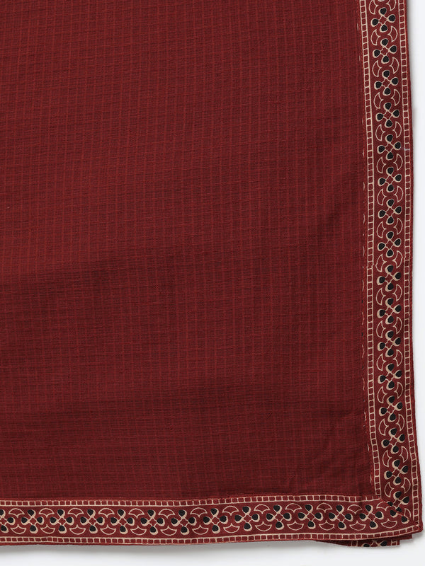 Maroon Pure Cotton Printed V-Neck 3/4 Sleeves Calf Length Flared Kurta Pant And Dupatta Set Mizazjaipur