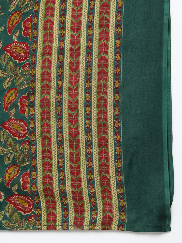 Green Pure Cotton Printed Round Neck Full Sleeves Calf Length Flared Kurta Pant And Dupatta Set Mizazjaipur