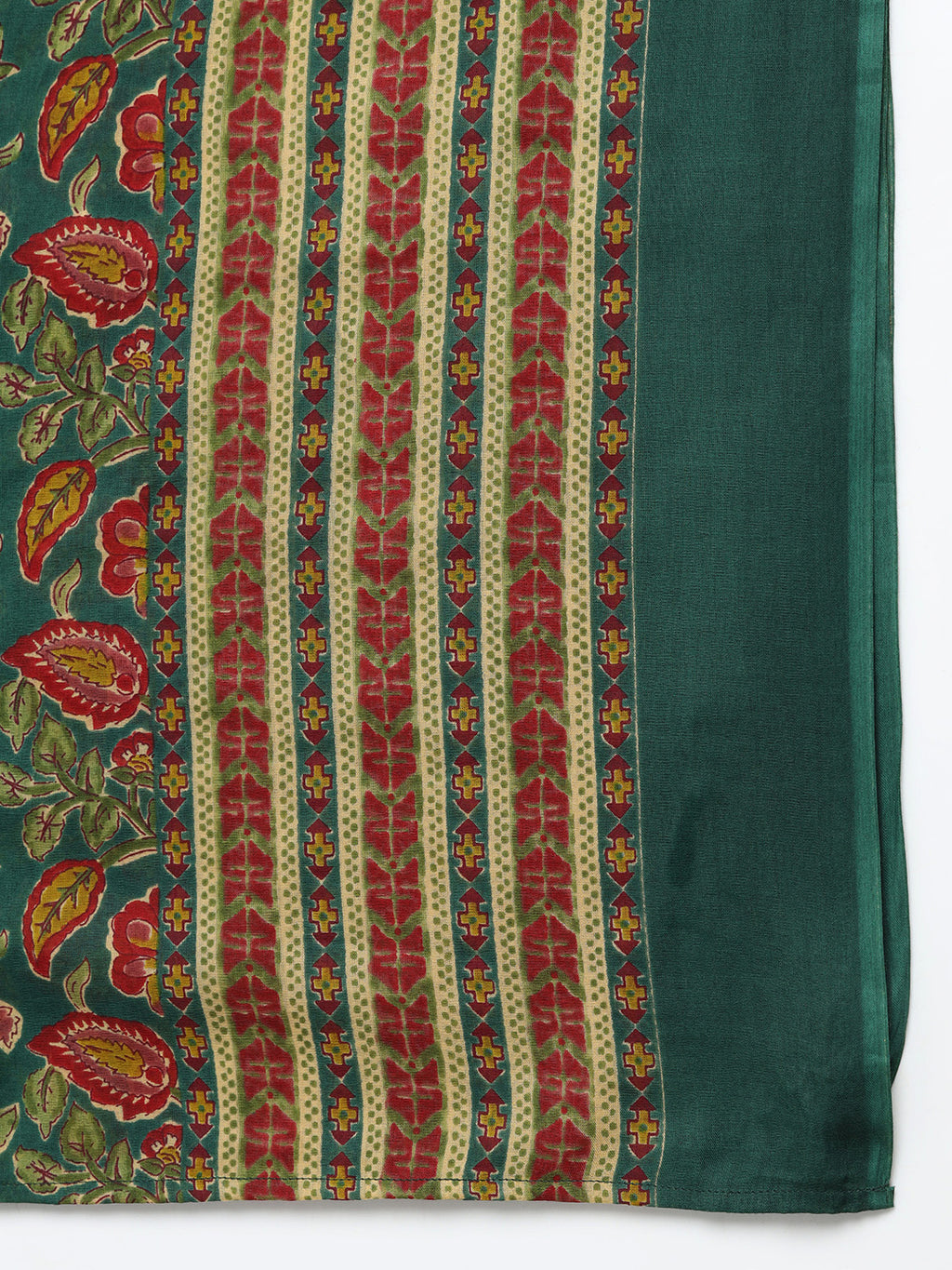 Green Pure Cotton Printed Round Neck Full Sleeves Calf Length Flared Kurta Pant And Dupatta Set Mizazjaipur