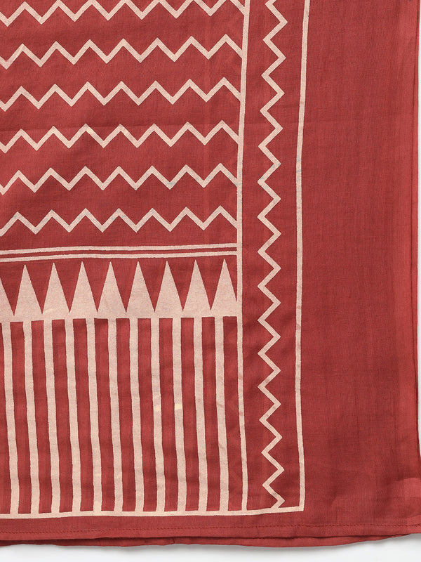 Rustorange Pure Cotton Printed Round Neck 3/4 Sleeves Calf Length Flared Kurta Pant And Dupatta Set Mizazjaipur