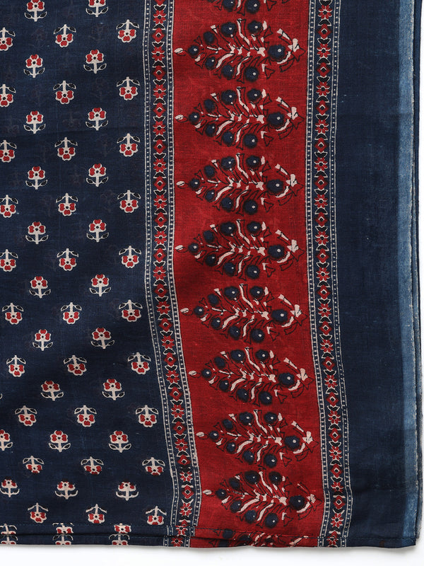Blue Pure Cotton Printed Sequence Work Round Neck 3/4 Sleeves Calf Length Flared Kurta Pant And Dupatta Set Mizazjaipur