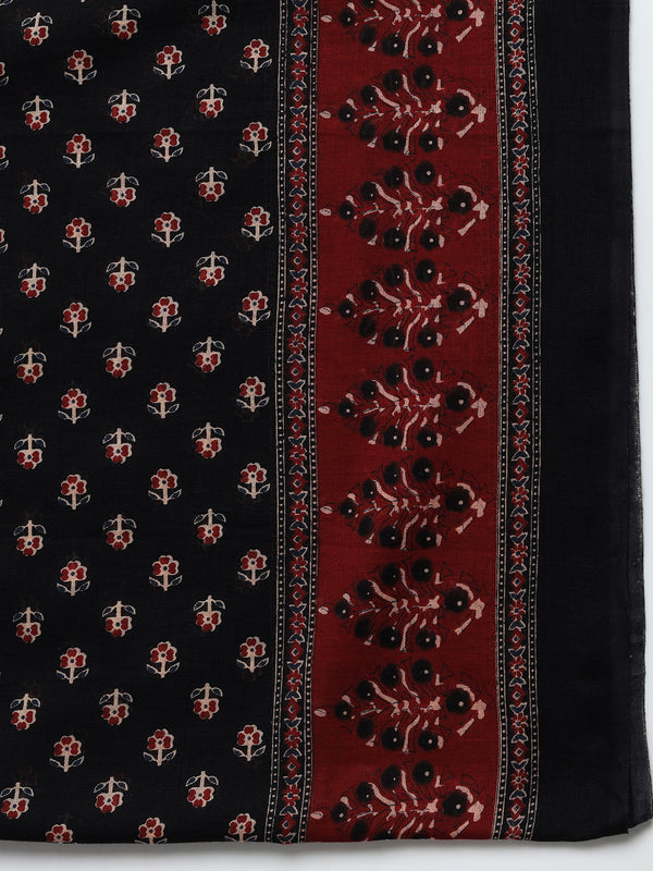 Black Pure Cotton Printed Round Neck 3/4 Sleeves Calf Length Flared Kurta Pant And Dupatta Set Mizazjaipur