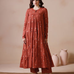 Rust Orange Pure Cotton Printed Round Neck Full Sleeves Ankle Length Flared Kurta Pant And Dupatta Set Mizazjaipur
