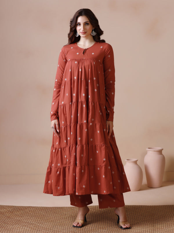 Rust Orange Pure Cotton Printed Round Neck Full Sleeves Ankle Length Flared Kurta Pant And Dupatta Set Mizazjaipur