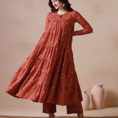 Rust Orange Pure Cotton Printed Round Neck Full Sleeves Ankle Length Flared Kurta Pant And Dupatta Set Mizazjaipur