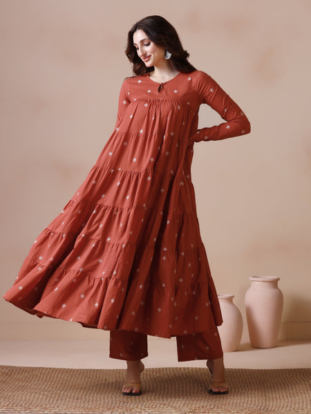 Rust Orange Pure Cotton Printed Round Neck Full Sleeves Ankle Length Flared Kurta Pant And Dupatta Set Mizazjaipur