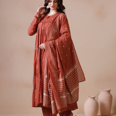 Rust Orange Pure Cotton Printed Round Neck Full Sleeves Ankle Length Flared Kurta Pant And Dupatta Set Mizazjaipur