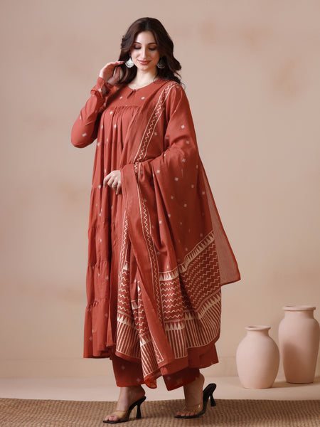Rust Orange Pure Cotton Printed Round Neck Full Sleeves Ankle Length Flared Kurta Pant And Dupatta Set Mizazjaipur