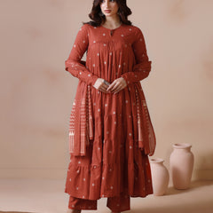 Rust Orange Pure Cotton Printed Round Neck Full Sleeves Ankle Length Flared Kurta Pant And Dupatta Set Mizazjaipur