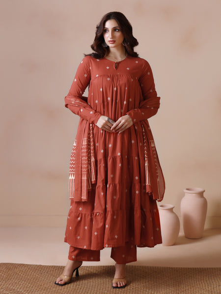 Rust Orange Pure Cotton Printed Round Neck Full Sleeves Ankle Length Flared Kurta Pant And Dupatta Set Mizazjaipur