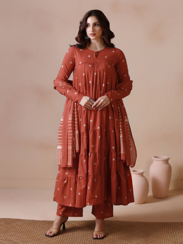 Rust Orange Pure Cotton Printed Round Neck Full Sleeves Ankle Length Flared Kurta Pant And Dupatta Set Mizazjaipur