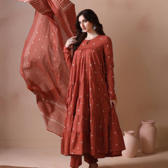 Rust Orange Pure Cotton Printed Round Neck Full Sleeves Ankle Length Flared Kurta Pant And Dupatta Set Mizazjaipur