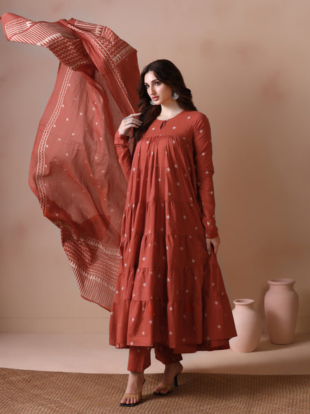 Rust Orange Pure Cotton Printed Round Neck Full Sleeves Ankle Length Flared Kurta Pant And Dupatta Set Mizazjaipur