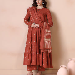 Rust Orange Pure Cotton Printed Round Neck Full Sleeves Ankle Length Flared Kurta Pant And Dupatta Set Mizazjaipur