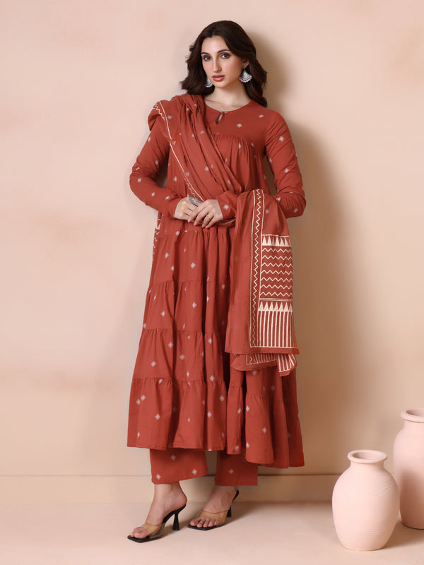Rust Orange Pure Cotton Printed Round Neck Full Sleeves Ankle Length Flared Kurta Pant And Dupatta Set Mizazjaipur
