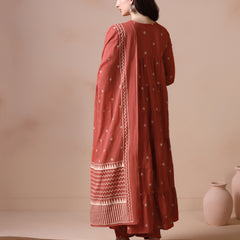 Rust Orange Pure Cotton Printed Round Neck Full Sleeves Ankle Length Flared Kurta Pant And Dupatta Set Mizazjaipur