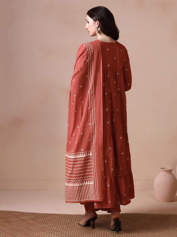 Rust Orange Pure Cotton Printed Round Neck Full Sleeves Ankle Length Flared Kurta Pant And Dupatta Set Mizazjaipur