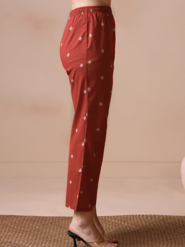 Rust Orange Pure Cotton Printed Round Neck Full Sleeves Ankle Length Flared Kurta Pant And Dupatta Set Mizazjaipur