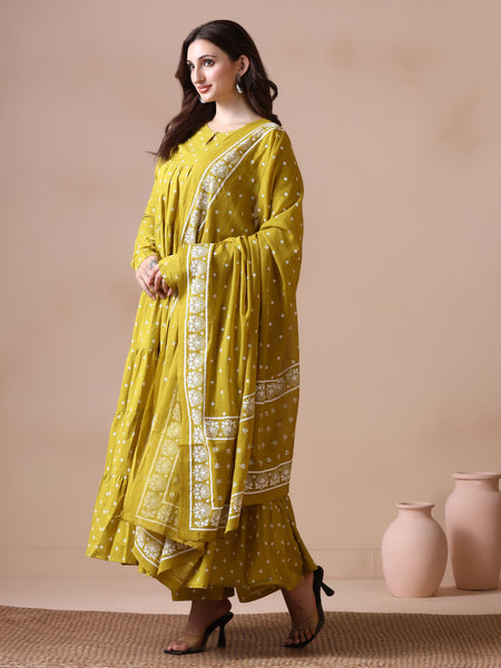 Mustard Pure Cotton Printed Round Neck Full Sleeves Ankle Length Flared Kurta Pant And Dupatta Set