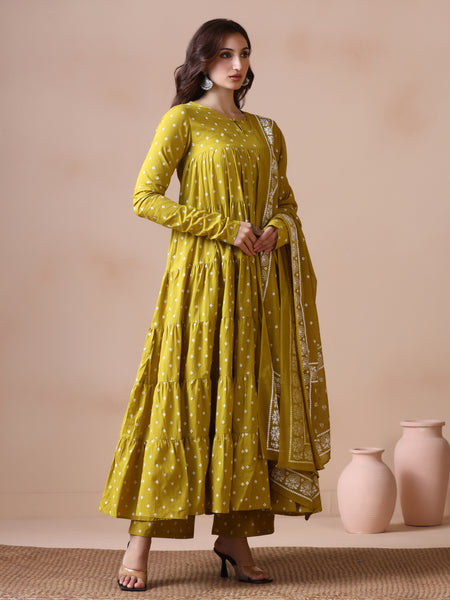 Mustard Pure Cotton Printed Round Neck Full Sleeves Ankle Length Flared Kurta Pant And Dupatta Set