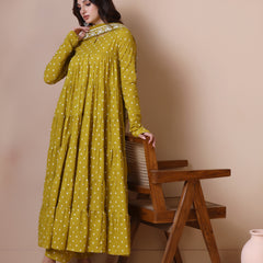 Maroon Pure Cotton Solid Round Neck Full Sleeves Calf Length Flared Kurta Pant And Dupatta Set