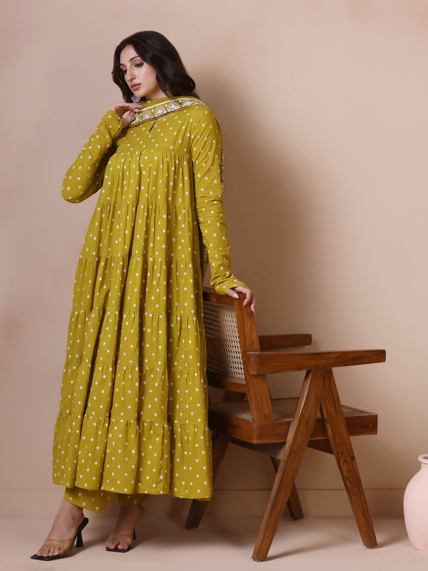 Maroon Pure Cotton Solid Round Neck Full Sleeves Calf Length Flared Kurta Pant And Dupatta Set